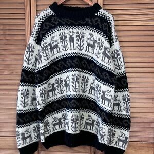 Vintage Fair Isle Chunky Knit Wool Sweater Reindeer Pattern Men L/XL